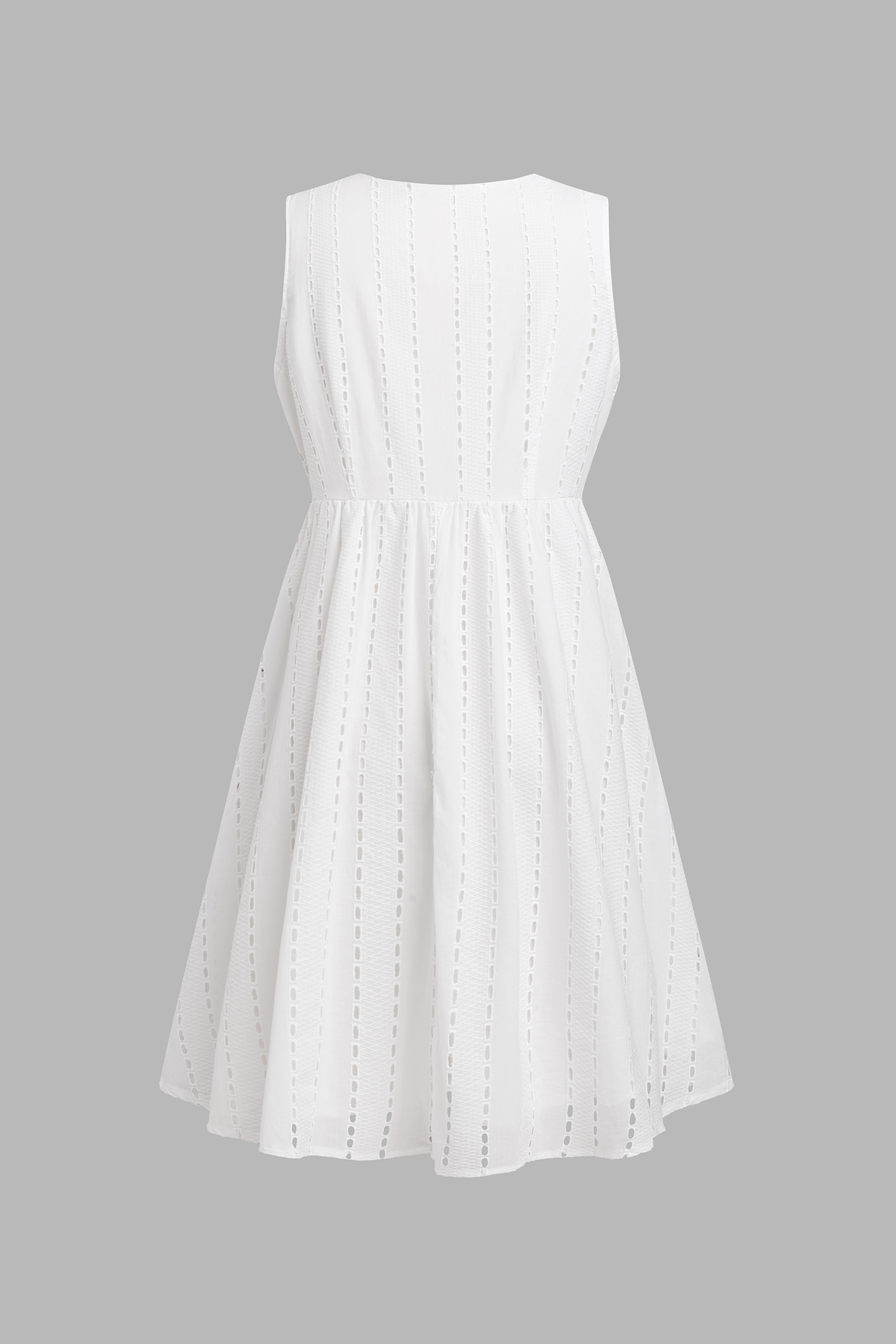 Square Neck Linen Dress with Eyelet Pocket - Off White